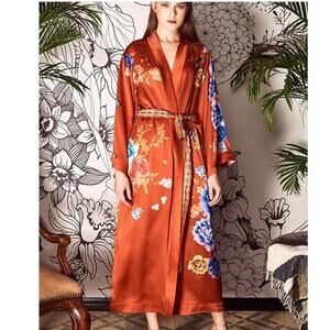 Solo Seta Floral Printed Orange Blue Silk Kimono Robe - Size XL